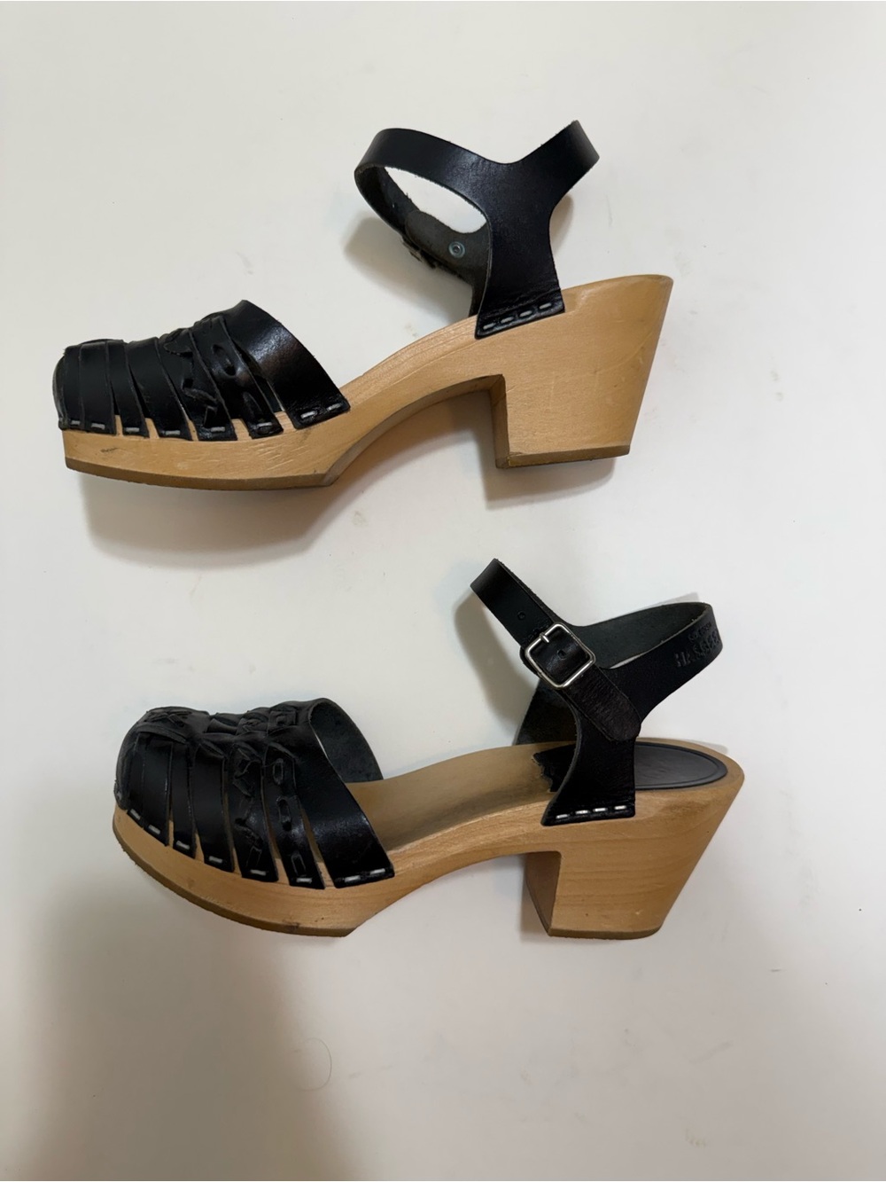 Swedish Hasbeens Black Leather Braided Heeled Clog Ankle Strap Sandal Size 7 - Picture 6 of 8